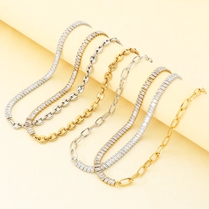 Stainless Steel Zircon Paperclip Chain Necklace And Bracelet Patchwork Design Toggle Clasp Fashion Jewelry For Women