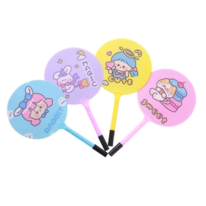 Set of four colorful cartoon fan ballpoint pens in blue, purple, yellow, and pink