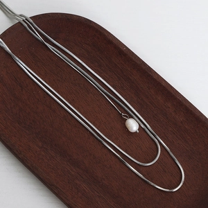 French minimalist silver titanium steel layered necklace with white pearl pendant