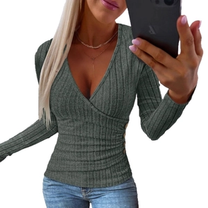 Slim fit women's V-neck ribbed knit sweater with decorative buttons and cross design