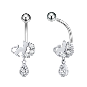 Detailed view of silver navel ring with cat silhouette, zircon and teardrop pendant