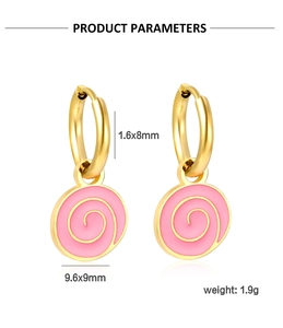 Detailed view of 18K gold stainless steel hoop earrings with pink spiral fruit pendant
