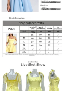 Size chart for summer dress with square neck and bow straps featuring S to XL dimensions