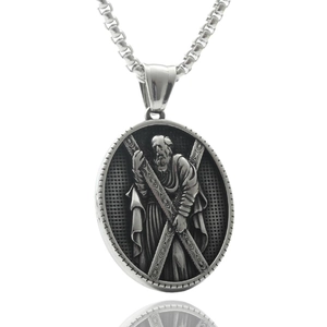 Retro stainless steel Saint Andrew relief pendant with box chain in silver finish