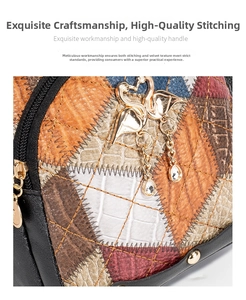 Detail of color-block backpack showing faux crocodile texture and golden bird hardware