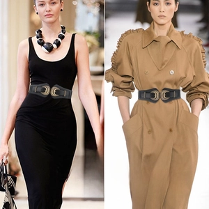Women's wide elastic waist belt with vintage double crescent metal buckle on dresses