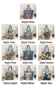 Collection of ten canvas tote bags featuring cute cartoon animal prints and striped handles