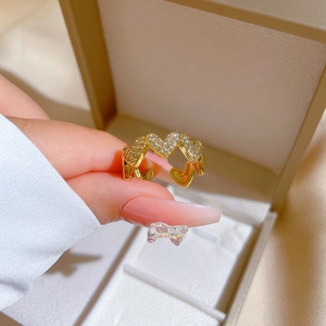 Gold plated heart open ring for women with pave set crystals and adjustable band