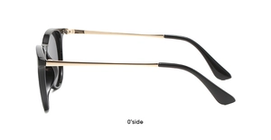Side profile of oval kids sunglasses featuring black frame and slim gold metal temples
