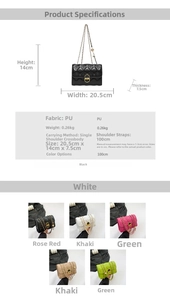 Detailed size chart and specifications for the quilted PU leather chain flap crossbody bag