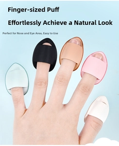Detailed view of mini drop-shaped finger puffs in five colors for precise makeup application