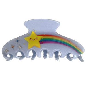 Light blue acetate hair claw clip with colorful rainbow stars and diamond rhinestones
