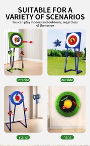 Dual-use kids dart board set with stand showing indoor and outdoor installation options