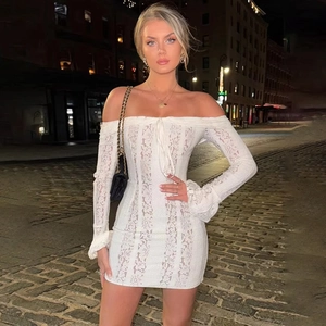 Chic white off-shoulder lace mini dress with long sleeves and bodycon slim fit style