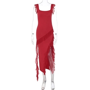 Detail of red slim fit dress showing tiered ruffle trim and asymmetric slit hemline