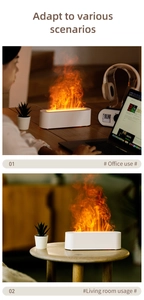 3D flame diffuser used in office and home living room settings with warm mist effect