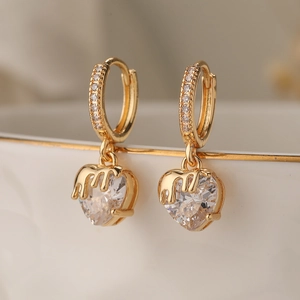 Heart Bow Dangle Earrings 18K Gold Plated Copper Micro Pave Cubic Zirconia Huggie Hoop Fashion Jewelry For Women