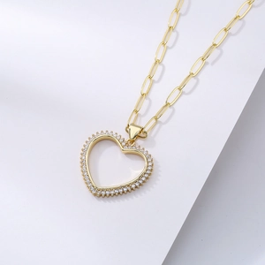 Gold plated paperclip necklace with heart pendant and sparkling zircon stones for women
