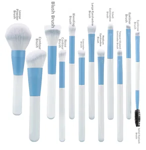 Detailed view of 12 professional light blue makeup brushes for powder, blush and eyeshadow