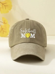 Close-up of Softball MOM embroidery and heart softball graphic on khaki baseball cap
