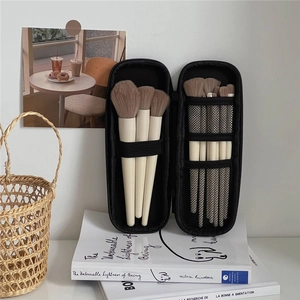 Portable travel makeup brush set with 8 brushes in a compact black zipper organizer bag