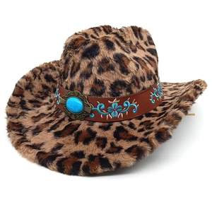 Western Cowboy Hat Leopard Print Faux Fur Turquoise Embroidery Warm Winter Jazz Fedora For Women