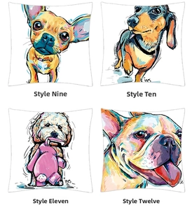 Detailed views of four colorful digital dog print cushion covers on white background
