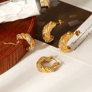 18K gold plated stainless steel twisted hoop earrings with sparkling crystal stones