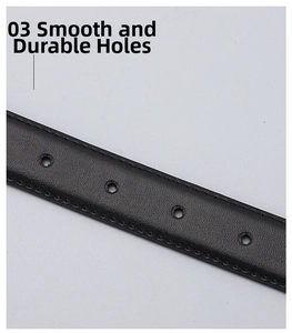 Detailed close-up of a black leather belt showing stitching and precision round holes