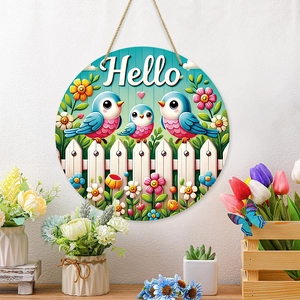 Spring farmhouse round wooden door sign with Hello text and colorful flower bird pattern