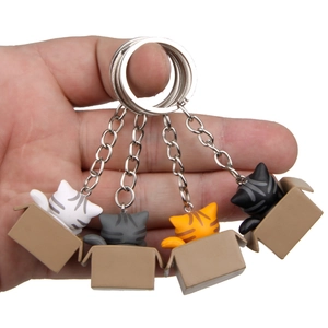 3D cartoon cat keychains in cardboard box design with metal rings, set of four colors