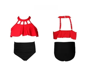 Détails du haut licou rouge à volants et du bas de bikini noir à taille haute pour filles