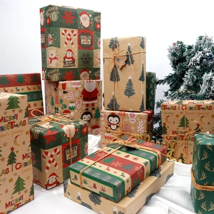 Christmas Gift Wrapping Paper Rolls Vintage Brown Kraft Paper Santa Reindeer Snowflake Patterns Festive Holiday Gift Box Wrap