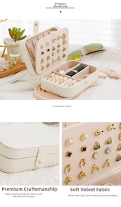 Detail of portable jewelry box with velvet lining, earring plate and ring slots