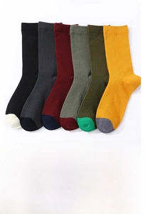 Détails des chaussettes en coton côtelé en six couleurs avec coutures d'orteils contrastées