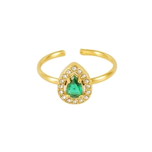 Bague réglable en acier plaqué or 18K avec zircon goutte verte et pavé de petits brillants