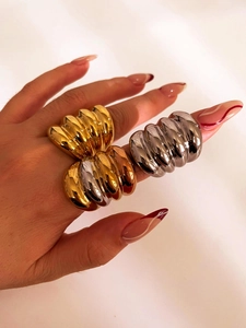 Detail of chunky croissant ring with pleated design in gold and silver finish