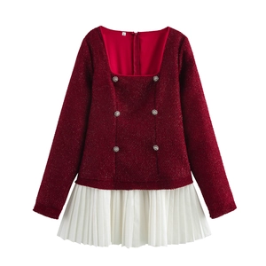 Robe Femme Manches Longues Tweed Haut Et Ourlet Plissé Col Carré Double Boutonnage Bordeaux Style Élégant Élégance