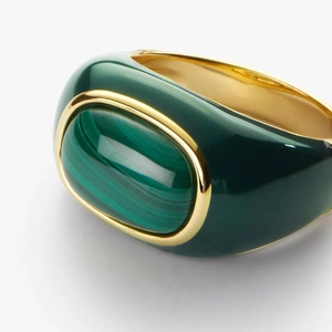 Close-up of 18k gold plated ring featuring an oval green malachite stone with natural stripes