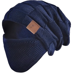 Navy blue thermal knit balaclava with fleece lining and brown leather patch accent