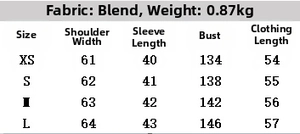 Detailed size chart for women's lapel jacket including chest width and length measurements