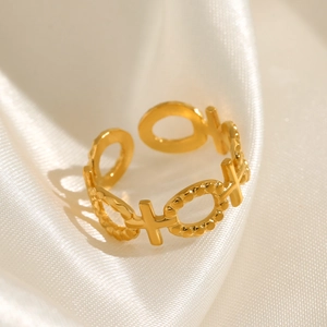 Polished 18k gold plated titanium steel open ring with XO geometric pattern