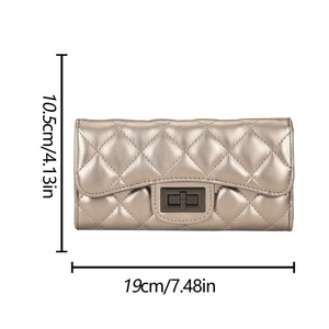Champagne gold quilted long wallet with vintage metal lock and precise size dimensions