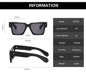 Detailed size chart for vintage square frame sunglasses with precise lens and frame measurements