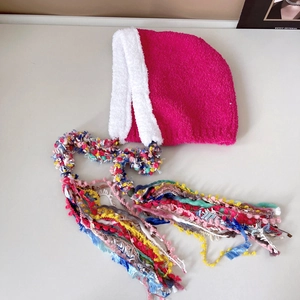 Ethnic style rose red knit winter hat with colorful tassels and soft plush ear flaps