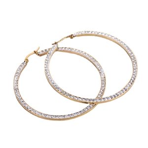 Classic gold titanium steel hoop earrings featuring square profile and pavé crystal rhinestones
