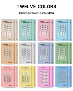 Grid view of twelve colorful 6-hole A6 savings challenge trackers for budget planning