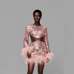 Robe courte rose à paillettes avec manches en plumes et découpe à la taille sur gris
