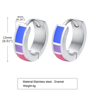 Detail view of 13mm stainless steel hoop earrings with blue and pink enamel inlays