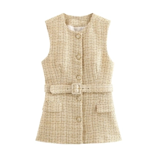 Women Tweed Vest Sleeveless Single Breasted Waistcoat With Belt Elegant Round Neck Slim Fit Textured Office Fashion Top
